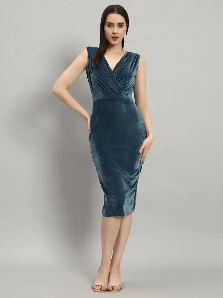 attico blue velvet dress THE ATTICO Carolina Embroidered Velvet Dress in Blue
