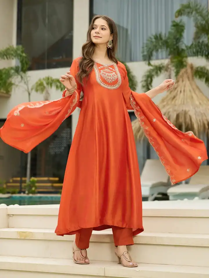 IMTRA FASHION Dames Anarkali Kurta Set Met Broek En Dupatta - Oranje