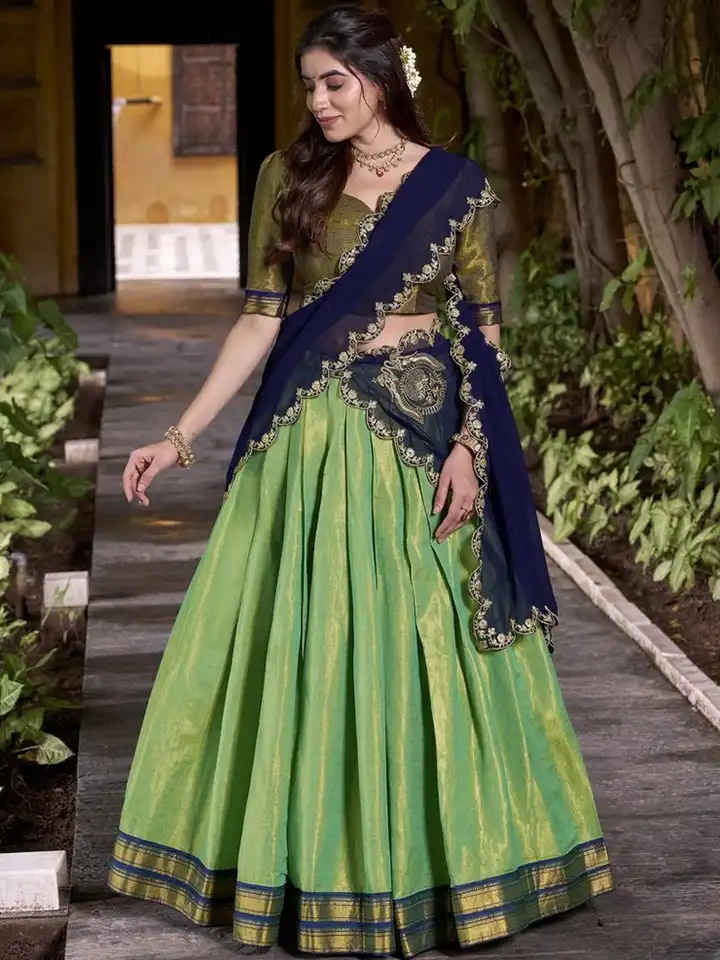 LOOKNBOOK ART Women Green & Navy Blue Lehenga & Unstitched Blouse With  Dupatta