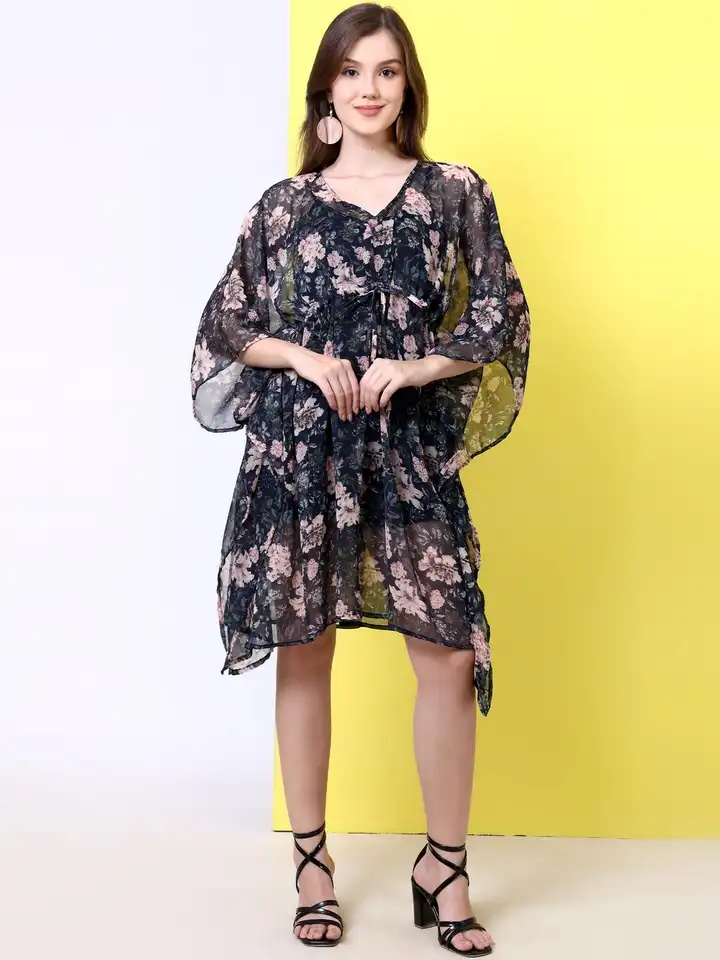 Buy Punnu Women Blue & Pink Floral Printed Kimono Sleeve Polyester Kaftan  Dress - Dresses for Women 36680564 | Myntra