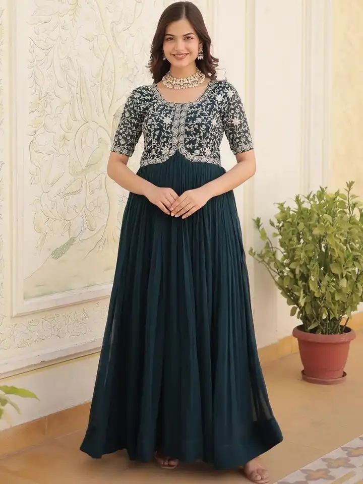 Buy KALINI Floral Embroidered Fit and Flare Georgette Maxi Ethnic Dress -  Ethnic Dresses for Women 36690181 | Myntra