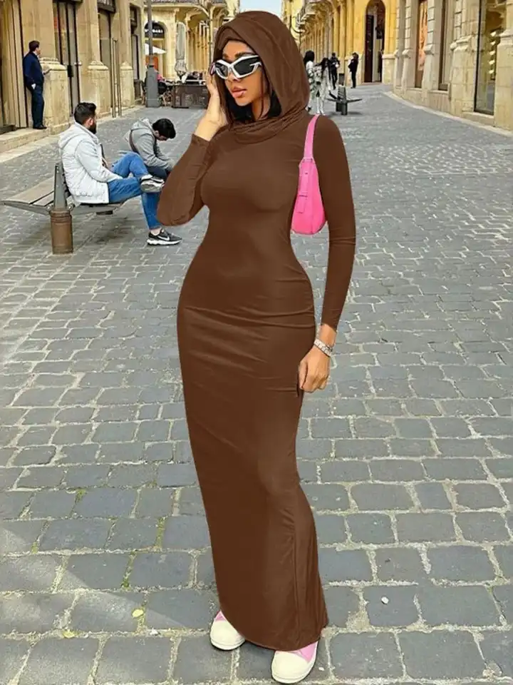 chinese dress ladies Momyknows Brown Off Shoulder Long Sleeve Bodycon Elegant Going Out Maternity Photoshoot Baby Shower Party Maxi Dress Brown / M