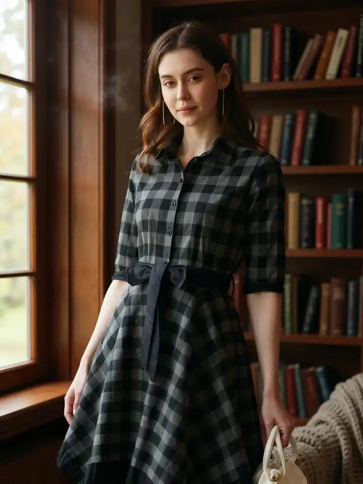 chinese dress ladies Women Pink & Yellow Check Printed Square Neck Crepe A-Line Mini Dress main image 1