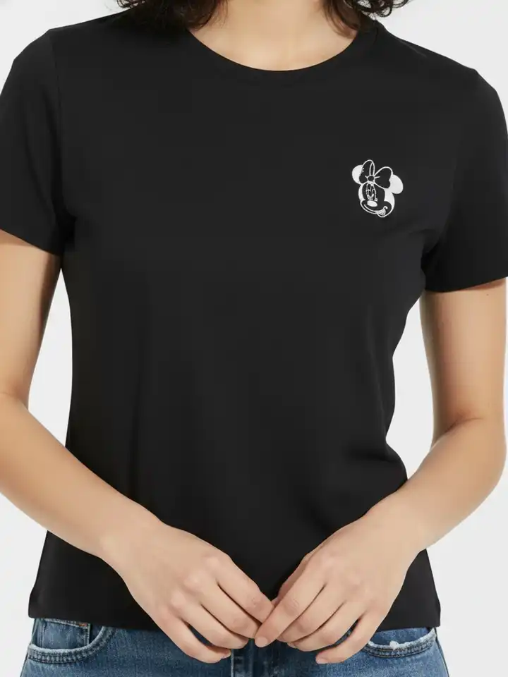 T-shirt Donna Simpatica Con Mickey E Bugs | Maglietta In Cotone Regular Fit | Swag Nera