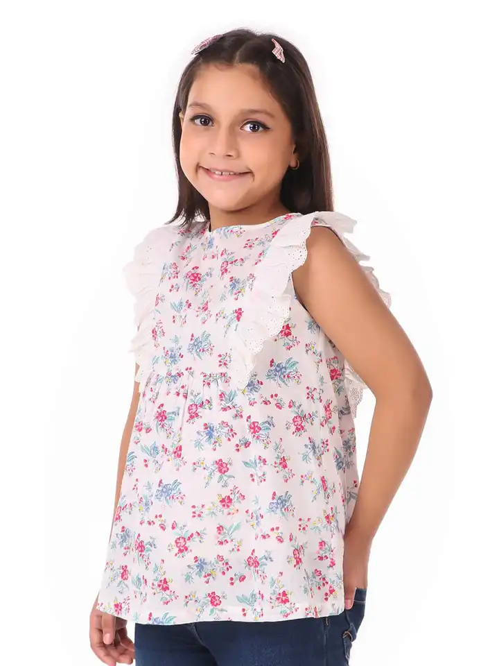 Buy Miyo Girls White & Pink Floral Ruffles Pure Cotton A-Line Top
