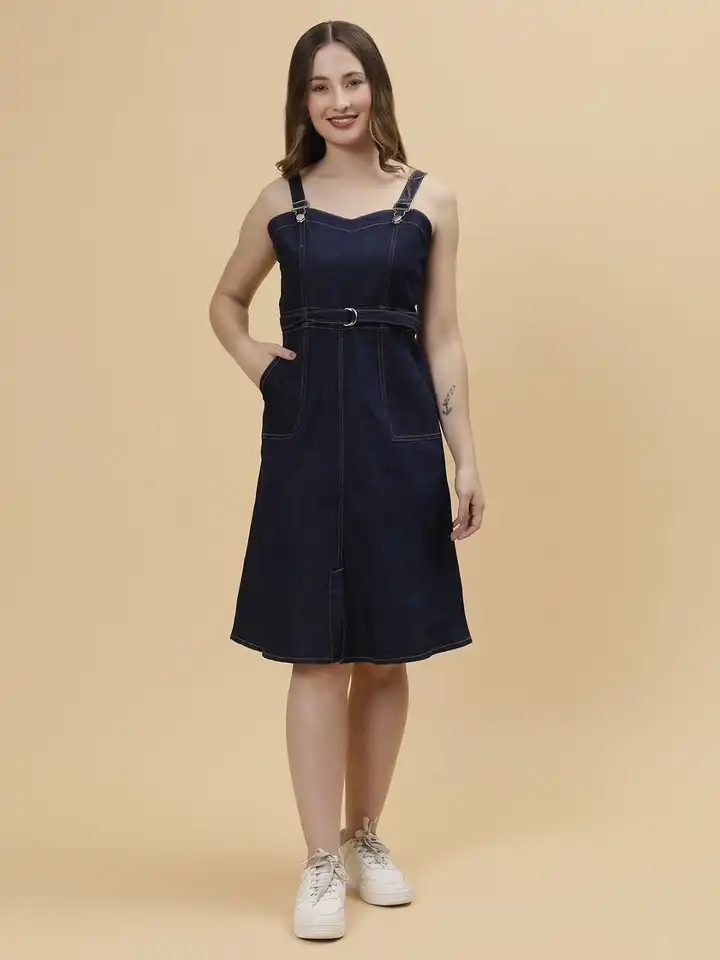white christmas dresses Women's Plus Size Denim Pinafore Skater Dress 14-24