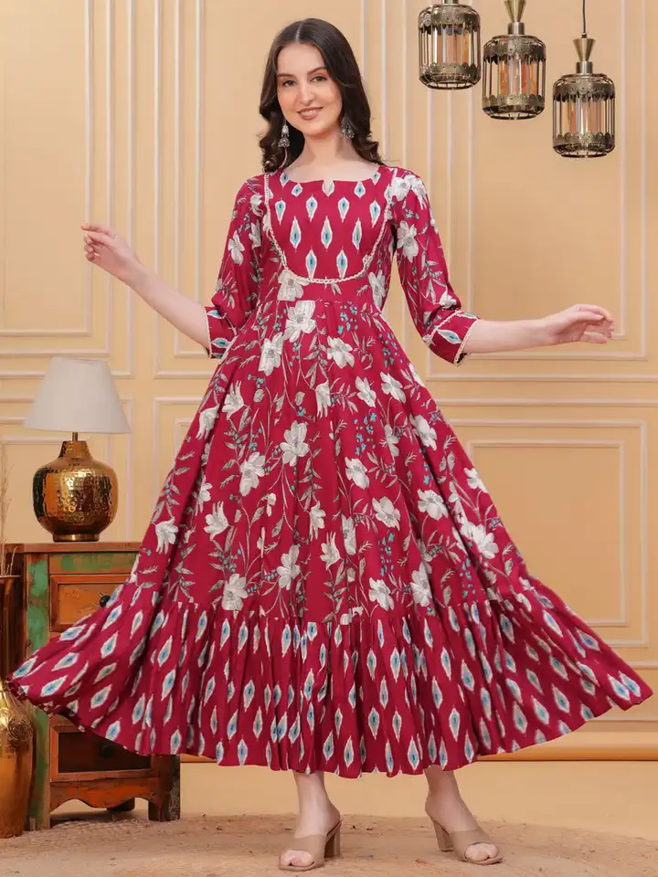 Buy Da Vastraagaar Floral Printed Notch Neck Thread Work Cotton Maxi Gown  Ethnic Dress - Ethnic Dresses for Women 32643201 | Myntra