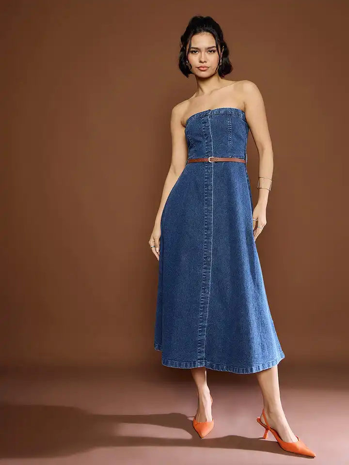 Blue Denim Maxi Dress Denim Bottom Dress Abbigliamento Elisabetta Franchi  Vestito In Jeans Lungo Women's Strapless