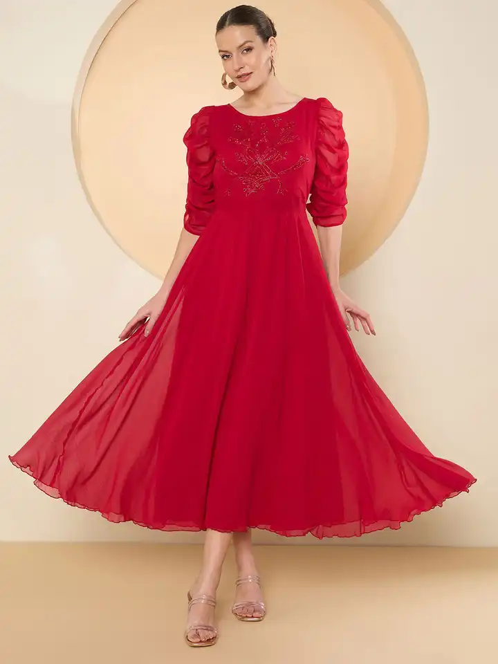 Buy Antheaa Puff Sleeve Chiffon Maxi Dress - Dresses for Women 32284776 |  Myntra