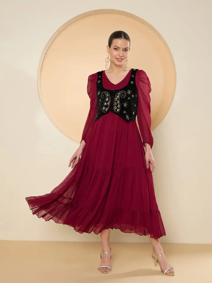 Buy Antheaa Chiffon Maxi Dress With Embellished Shrug - Dresses for Women  32190445 | Myntra