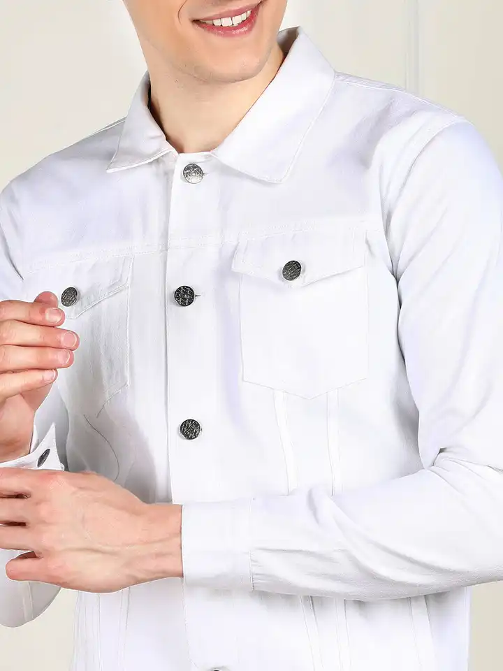 Buy MONTREZ Men Spread Collar Solid Lightweight Casual Denim