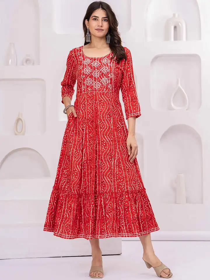 Meeranshi Women Red Bandhani Anarkali Dress(XL) By Myntra