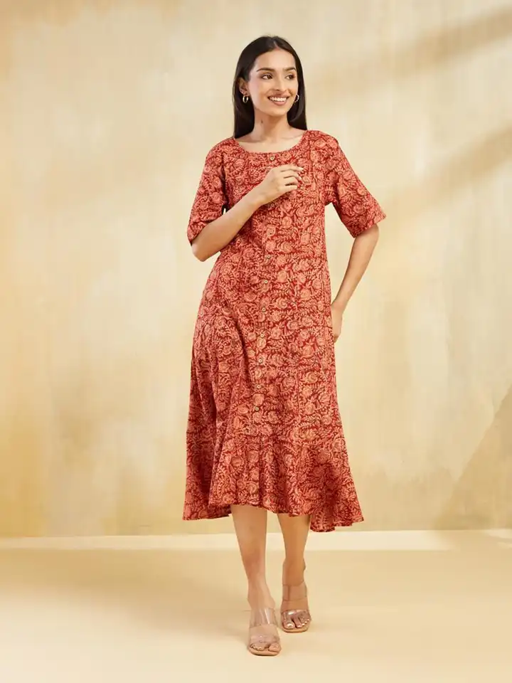 Buy Fabindia Ethnic Motifs Kalamkari Printed Cotton A-Line Midi Dress -  Dresses for Women 35969529 | Myntra