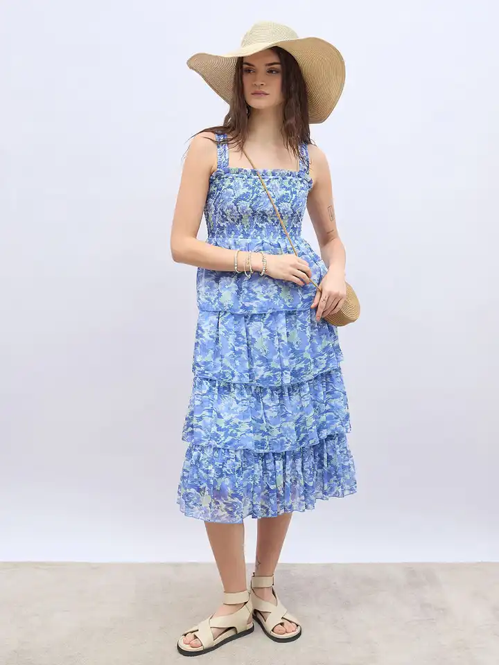 Styli Women Abstract Print Smocked Tiered Midi Casual Dress (XXL) By Myntra