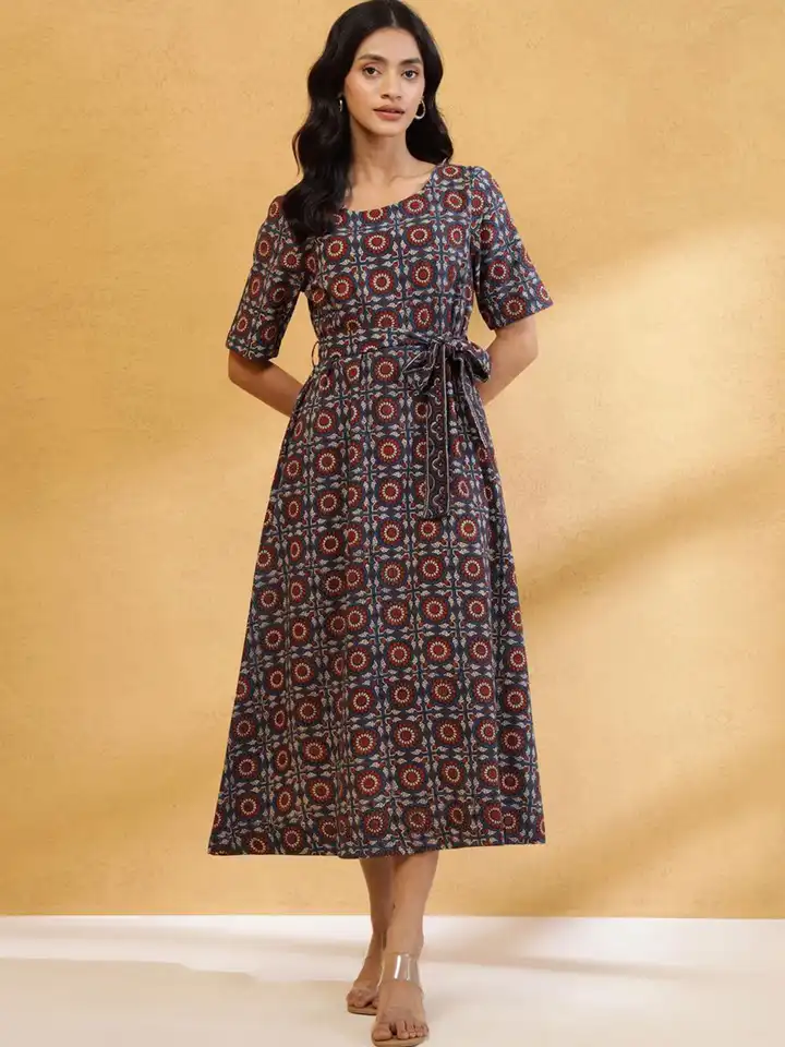 slim fit dress slacks Dominique Midi Fit & Flare Dress Black/Melon / Standard / 6