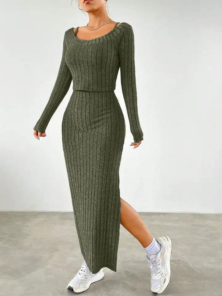 Buy bebe Ribbed Knit Long Sleeve Top & High Slit Bodycon Maxi Dress Co-ord  Set - Co-Ords for Women 34154468 | Myntra