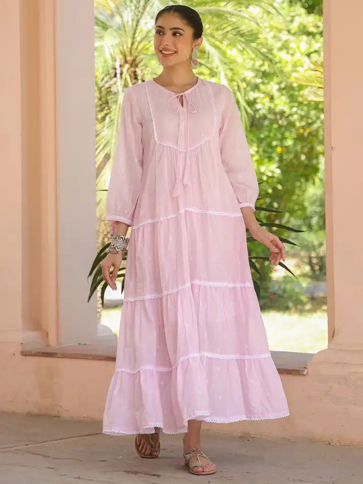 Buy SCAKHI Pink Cotton Mulmul Embroidered Tiered Maxi Dress - Ethnic Dresses  for Women 34191060 | Myntra
