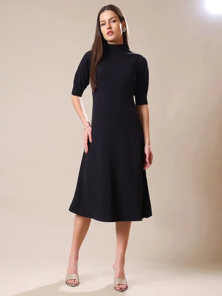 Buy MILOST Women High Neck Cuffed Sleeve Fit & Flare Midi Dress - Dresses  for Women 34406310 | Myntra
