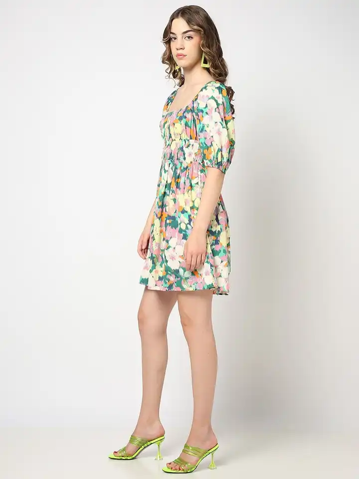 Buy GAP Floral Print Puff Sleeves Scoop Neck Smocked Fit & Flare Dress -  Dresses for Women 33810049 | Myntra