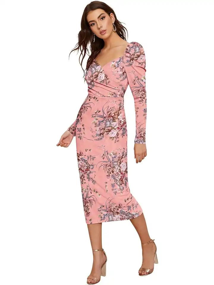 Fashion2wear Floral Print Puff Sleeve Sheath Midi Dress(L) By Myntra