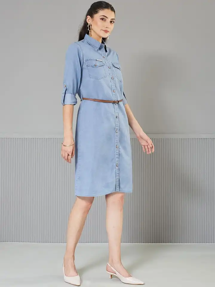 Buy Chemistry Women Polo Neck Rolled Up Full Sleeve Denim A-Line Mini Dress  - Dresses for Women 37927517 | Myntra