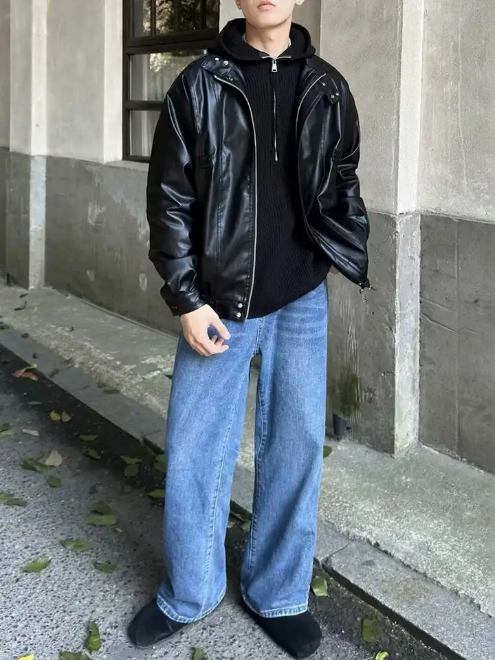 ジャケット・アウター   Jeans Leather Jacket Leather Jacket with Zipper Closure Pockets