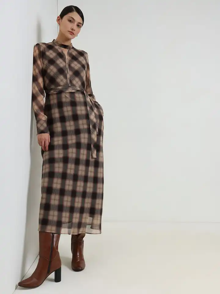 brown check chiffon midi dress self-portrait - Burgundy Check Chiffon Midi Dress