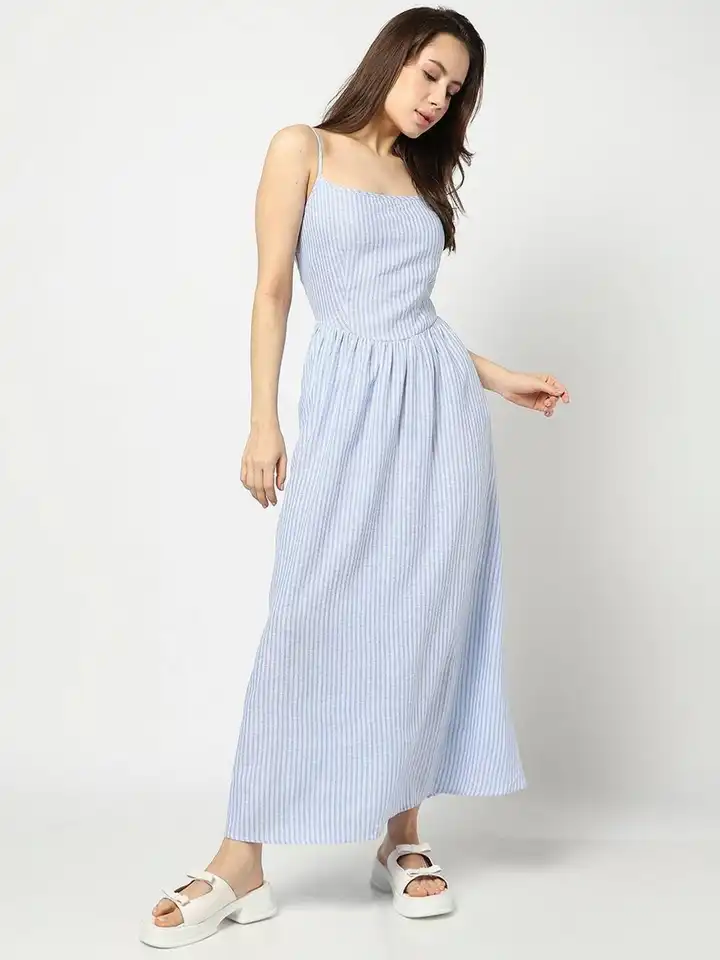chinese dress ladies White and Dusty Blue Striped Sleeveless Maxi Dress main image 1