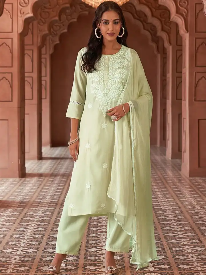 Navlik Women Ethnic Motifs Embroidered Regular Thread Work Kurta With Trousers & With Dupatta(M) By Myntra