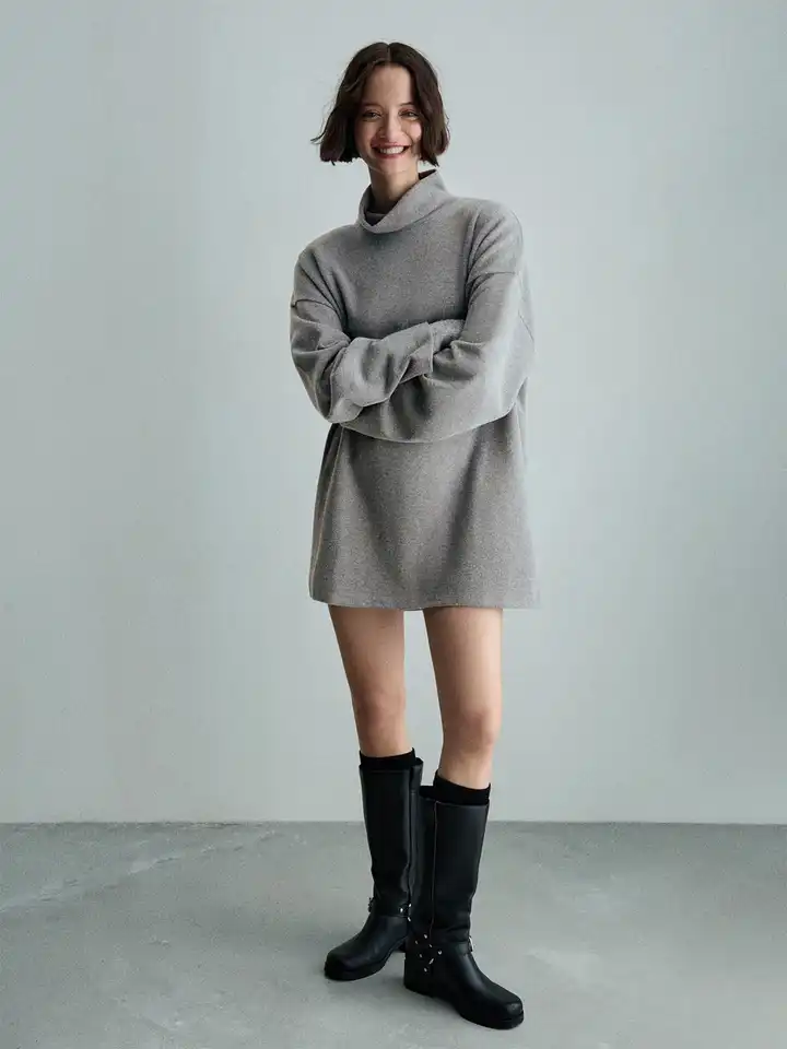 knee length dresses for ladies Long Sleeve Ruched Turtleneck Mini Dress main image 1