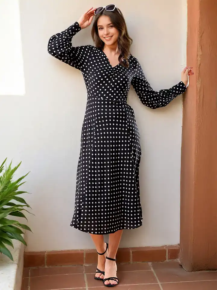 slim fit dress slacks Black and white polka dot dress 1534# – Xiaolizi main image 0