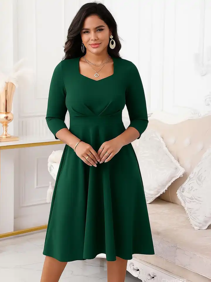 Square Neck Green Fit And Flare Dress With Sleeves Dark Green Midi Dress  With Square Neckline