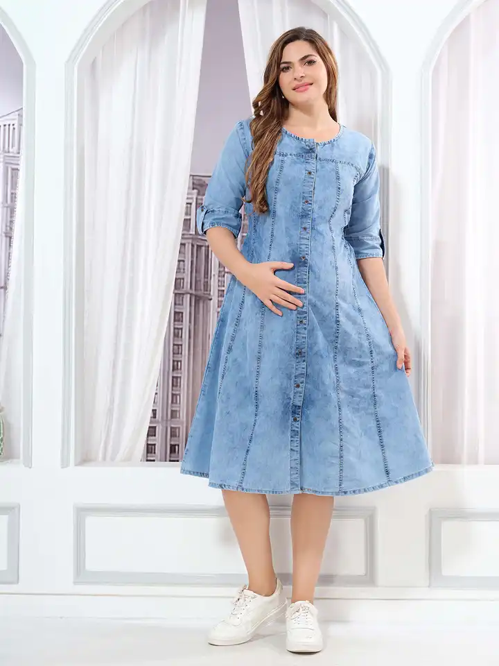 Buy EASY MOM Round Neck Roll-Up Sleeves Belted Cotton Denim Maternity Fit  And Flare Midi Dress - Dresses for Women 37638982 | Myntra