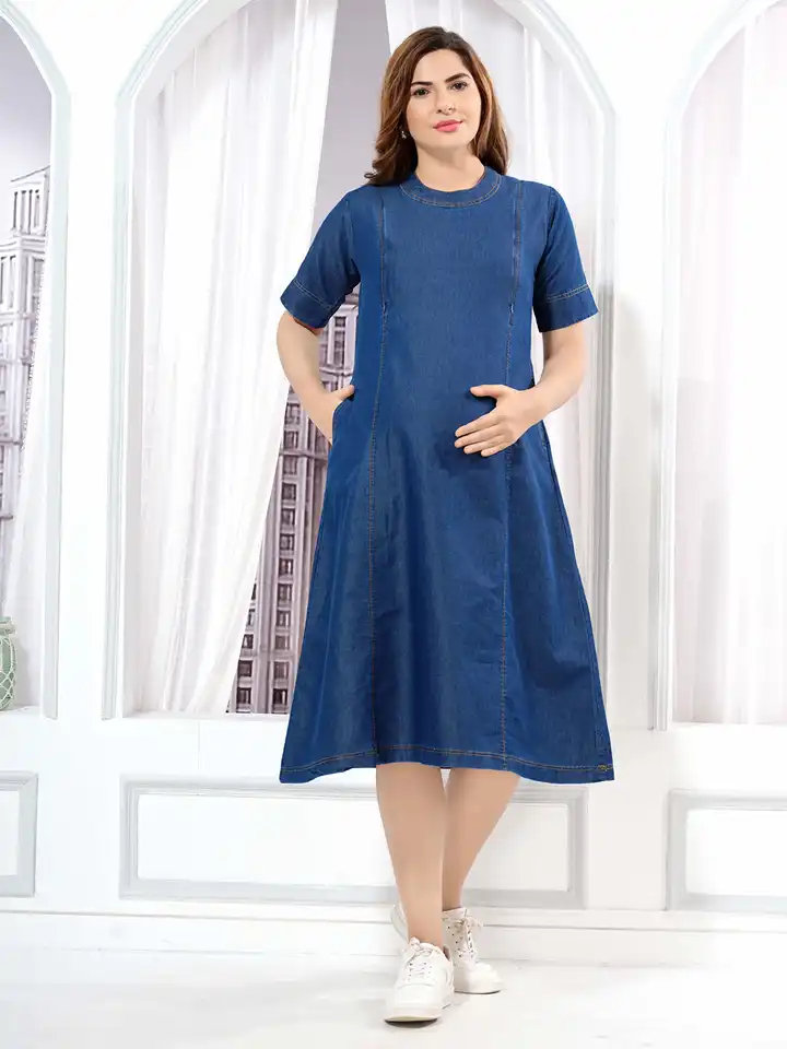EASY MOM Women Maternity A-Line Dress With Patch Pockets For Women (Navy, M)