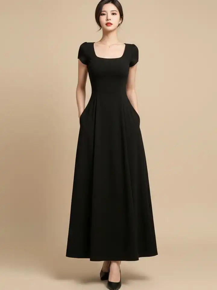 slim fit dress slacks Square Neck Fit & Flare Poplin Maxi Dress