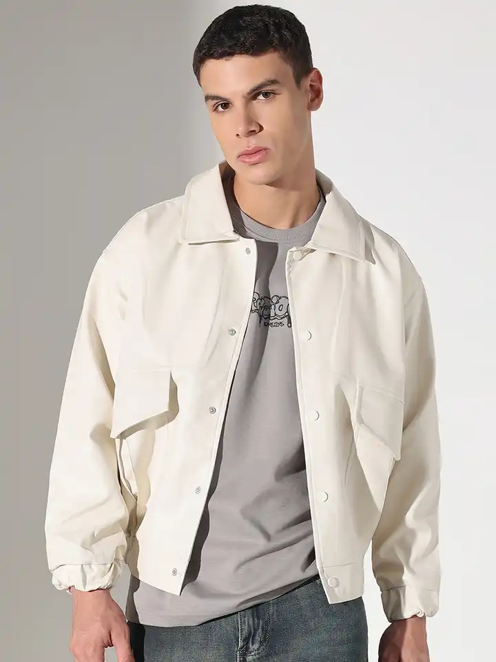 Buy SHOWOFF Men Solid Off White Faux leather Faux Leather Jacket