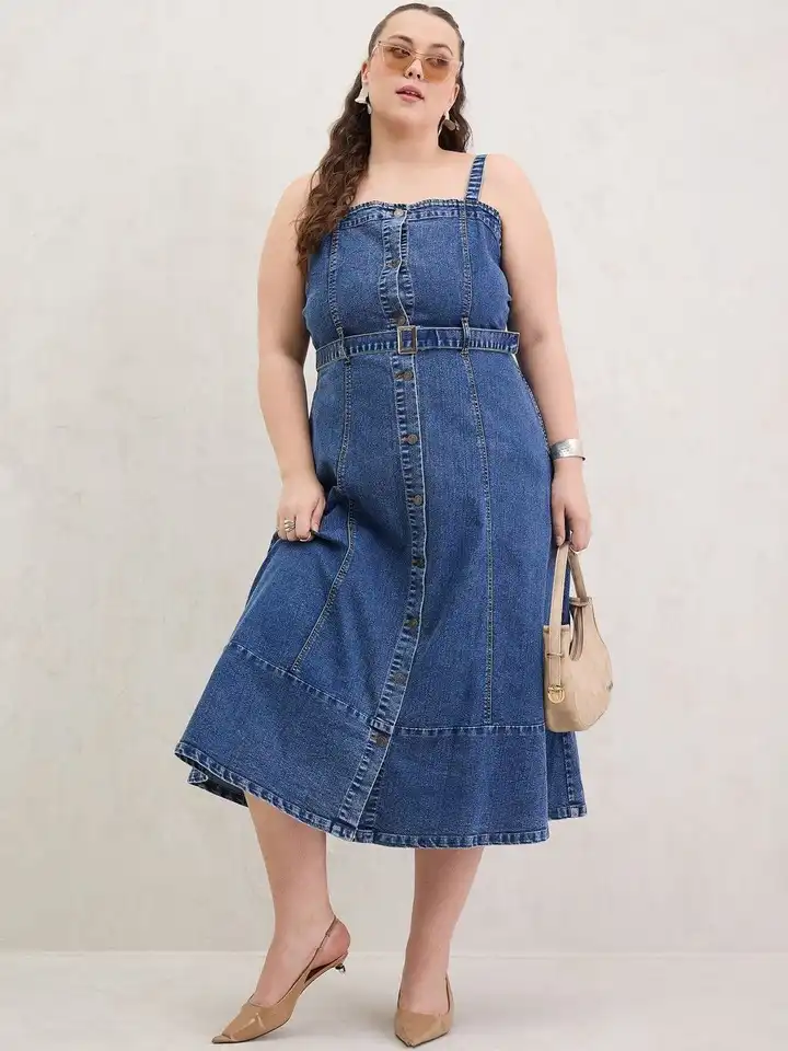 slim fit dress slacks Sleeveless A-Line Fit & Flare Denim Midi Dress main image 0