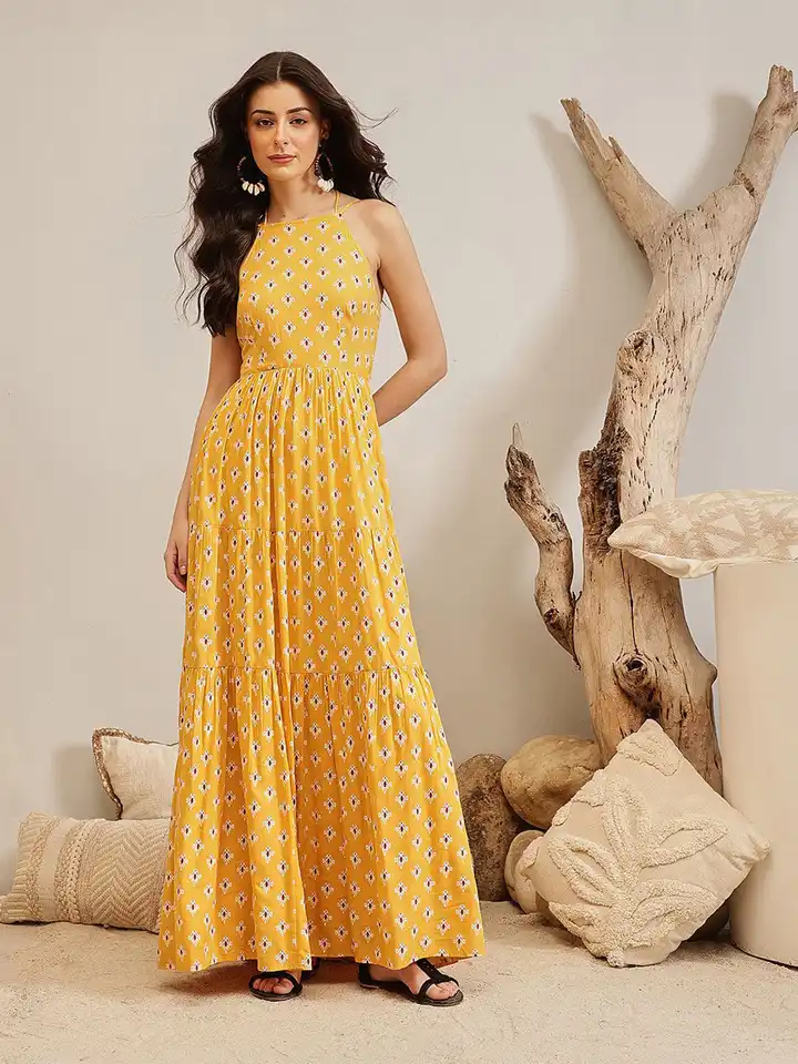 Buy QUIERO BLUES VEENA Women Ethnic Motifs Printed Halter Neck Smocked  Tiered Maxi Dress - Dresses for Women 36878882 | Myntra