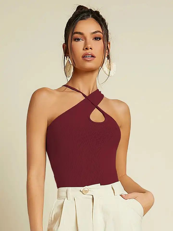 Buy BAESD Women Ribbed Halter Neck Criss Cross Front Fitted Crop