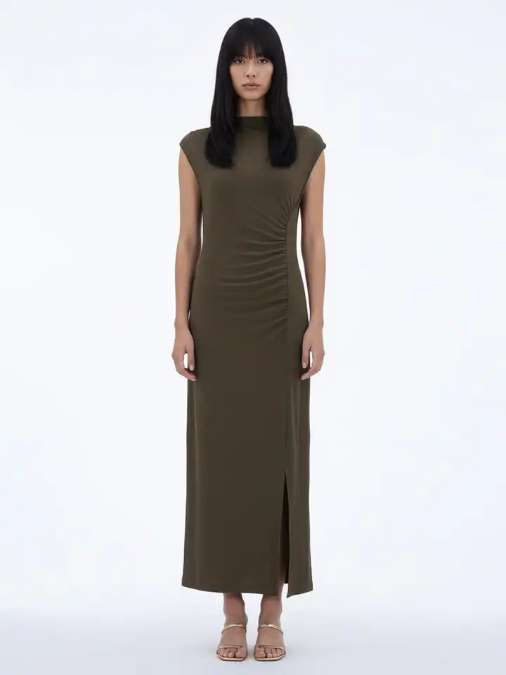Glitchez Ribbed High-Neck Ruched Effect Maxi Sheath Dress With Side Slit(XL) By Myntra