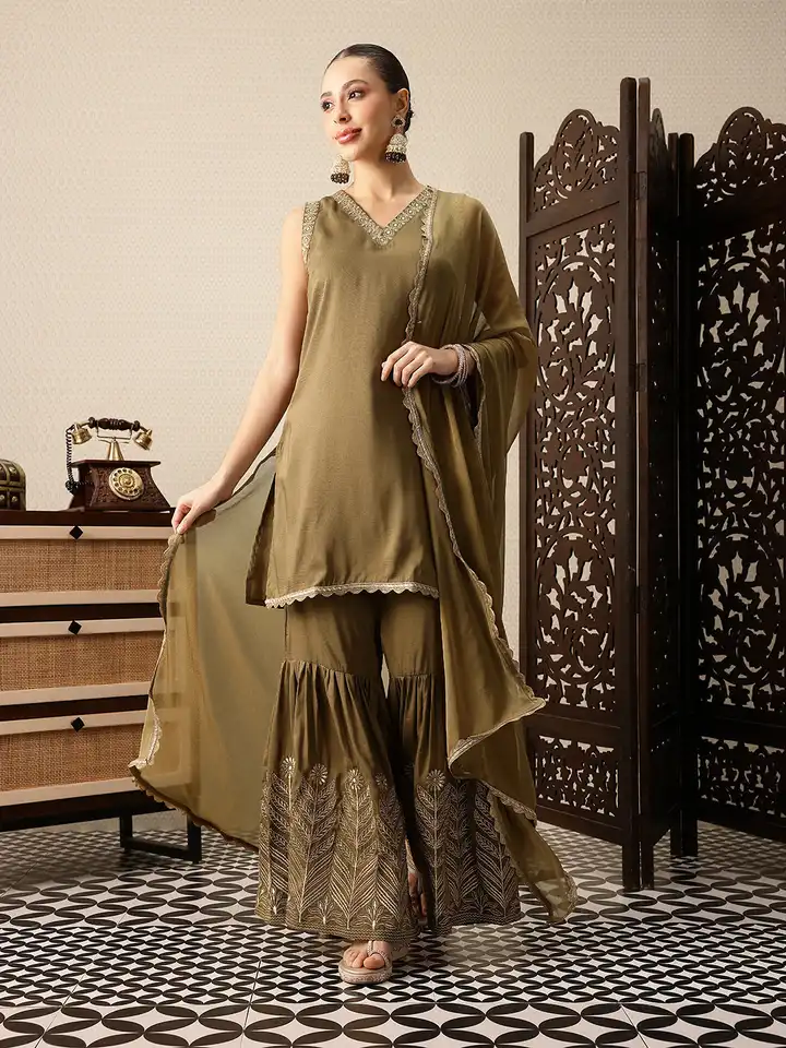 House Of Pataudi Ethnic Motifs Embroidered Thread Work Jashn Kurta With Sharara & Dupatta(XL) By Myntra