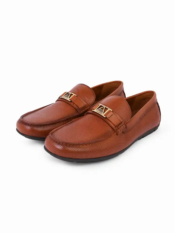 Buy ALDO Cognac Men Textured Round Toe Slip On Penny Loafers  display picture 3