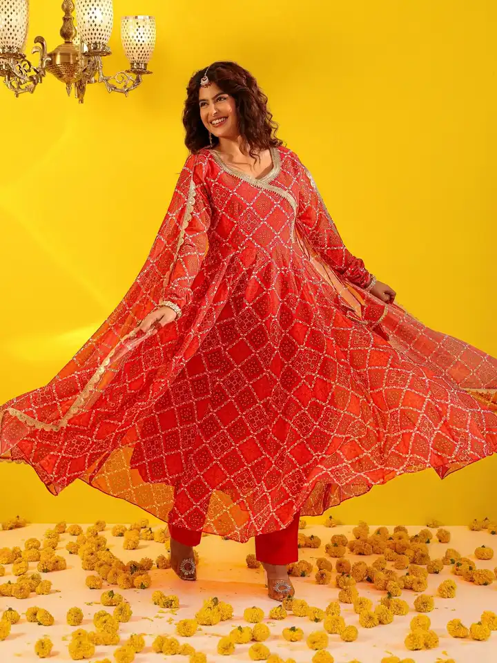 Kaira Red Bandhani Anarkali Suit Set XL