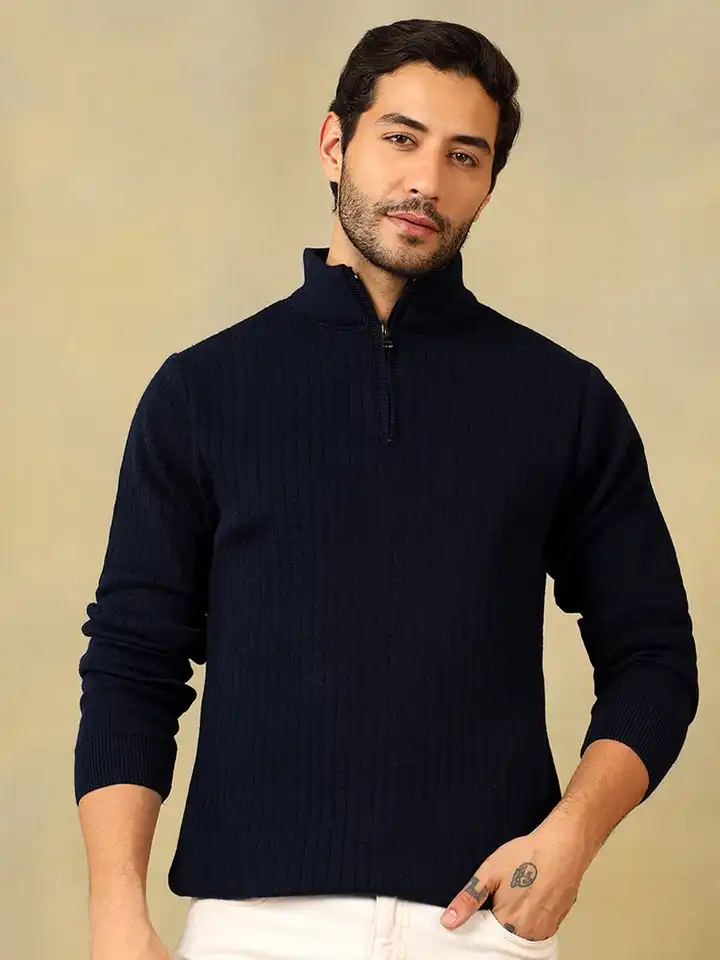 Buy Voxmonks Men Ribbed High Neck Half Zipper Regular Pullover