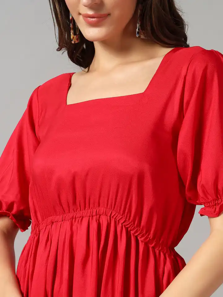 Femvy Square Neck Gathered Or Pleated Casual Fit & Flare Midi Dress