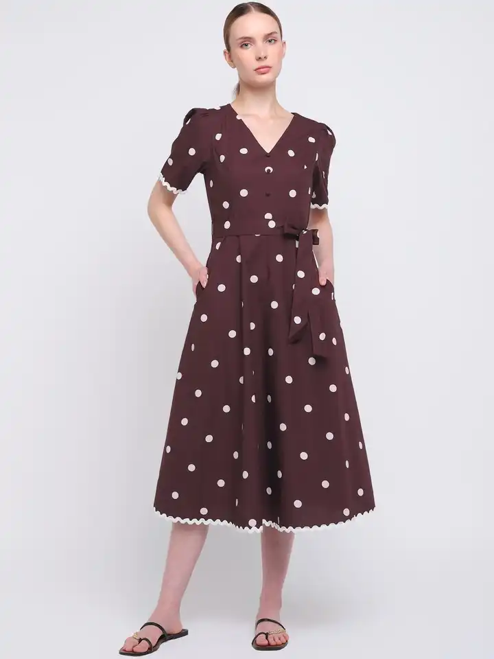 princess polly baby blue dress Mela Burgundy Polka Dot Midi Dress – Finery London main image 0