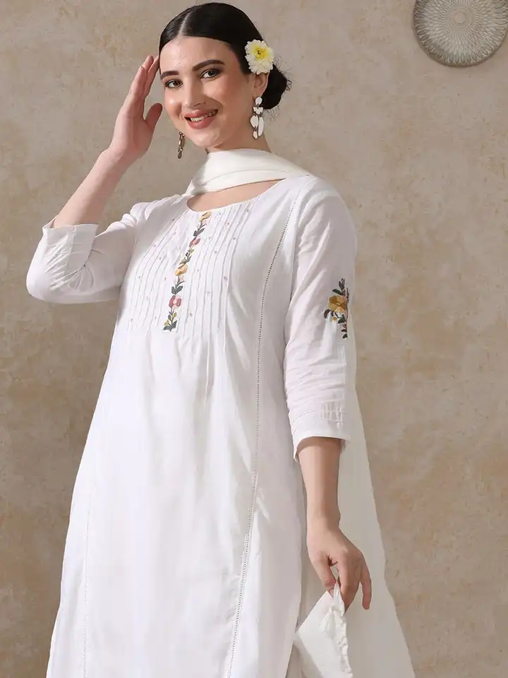 Buy Moara Floral Embroidered Panelled Thread Work Pure Cotton