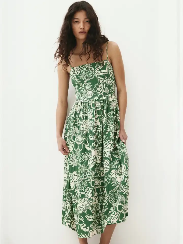knee length dresses for ladies Elowen Blue Tropical Print Linen Blend Midi Dress l Neutral Ground