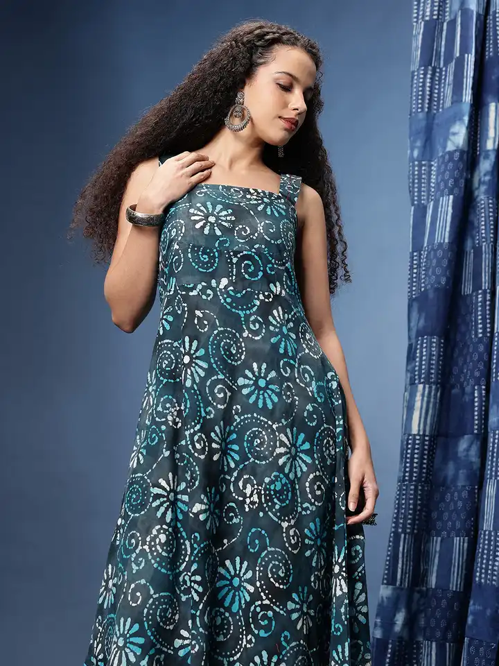 Buy Taavi Batik Floral Printed Shoulder Straps Pure Cotton Smocked Midi  A-Line Ethnic Dresses - Ethnic Dresses for Women 37948503 | Myntra