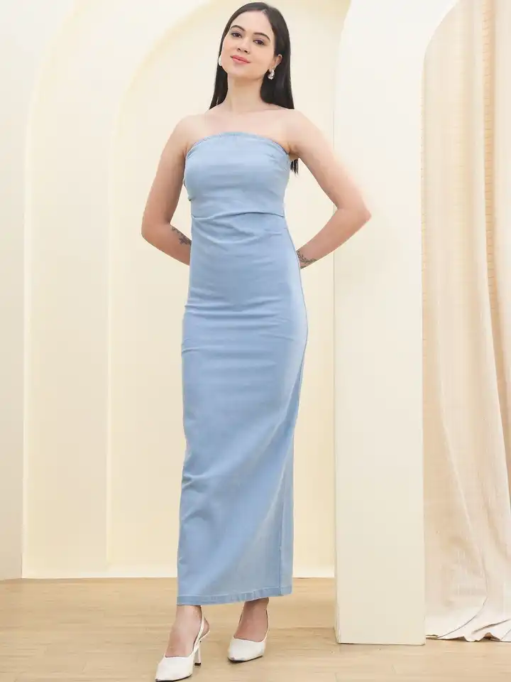 chinese dress ladies Buy Puella Women's Denim Maxi Dress | Sleeveless Spaghetti Strap  Button-Down Long Dress with Front Slit main image 1
